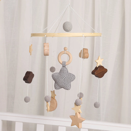 Dreamy baby mobile - Starry grey with wooden clouds and stars